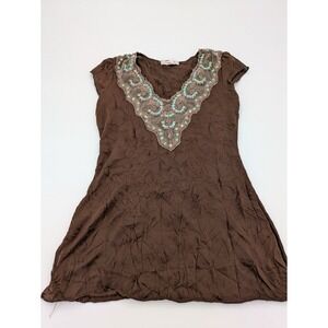 Vintage Y2K Pearl Star‎ Babydoll Top Blouse Size Medium Brown V-neck Fairycore